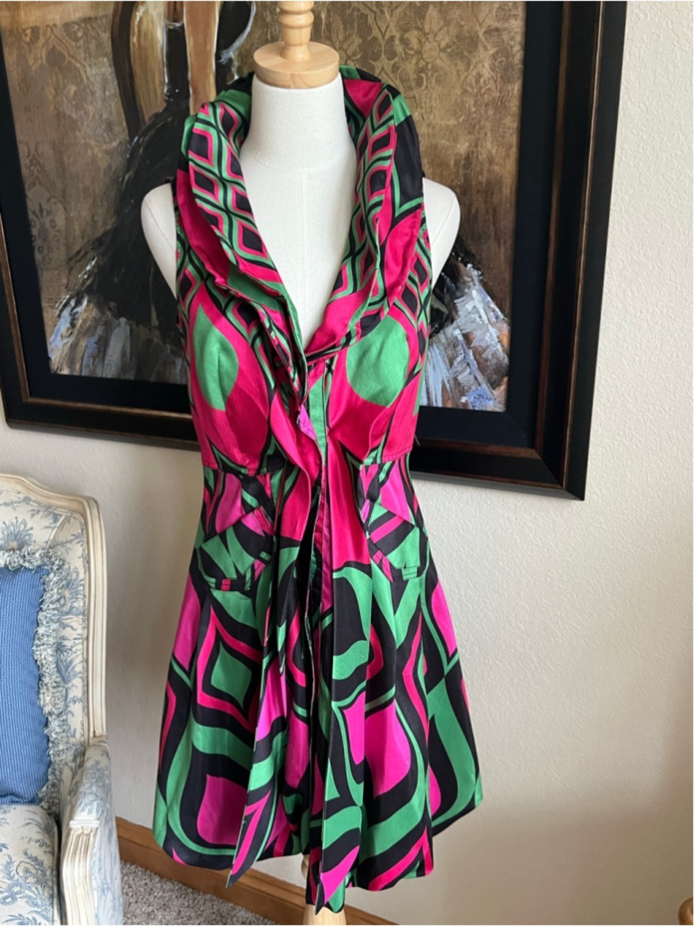 Samuel Dong Geometric Print Sleeveless Dress Pink Green S Chic